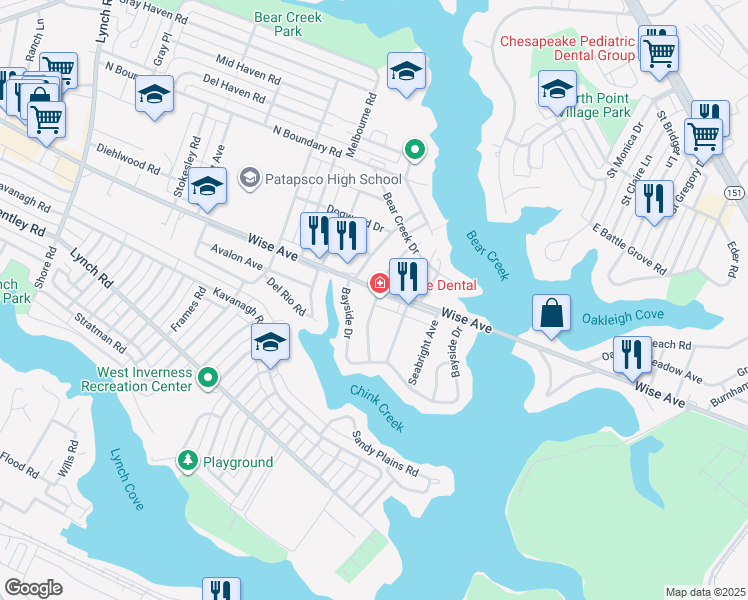 map of restaurants, bars, coffee shops, grocery stores, and more near 18 Winona Avenue in Dundalk