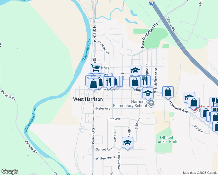 map of restaurants, bars, coffee shops, grocery stores, and more near 111 North Sycamore Street in Harrison