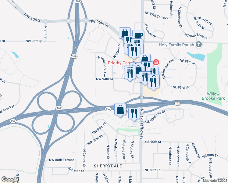map of restaurants, bars, coffee shops, grocery stores, and more near 9300 North Main Street in Kansas City