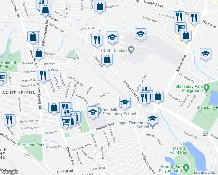 map of restaurants, bars, coffee shops, grocery stores, and more near 2625 Yorkway in Dundalk