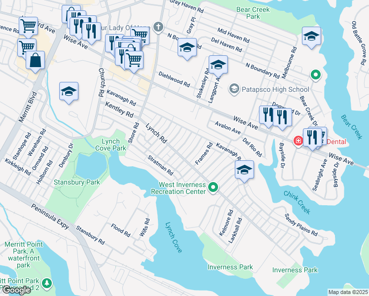 map of restaurants, bars, coffee shops, grocery stores, and more near 1943 Dineen Drive in Dundalk