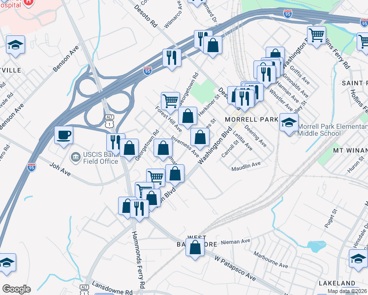 map of restaurants, bars, coffee shops, grocery stores, and more near 2930 James Street in Baltimore