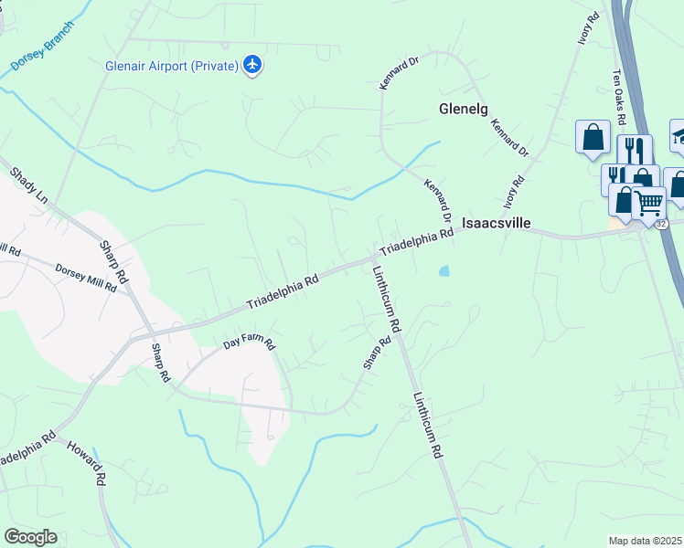 map of restaurants, bars, coffee shops, grocery stores, and more near 14021 Triadelphia Road in Glenelg