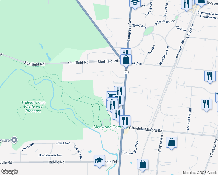 map of restaurants, bars, coffee shops, grocery stores, and more near 10637 Springfield Pike in Woodlawn