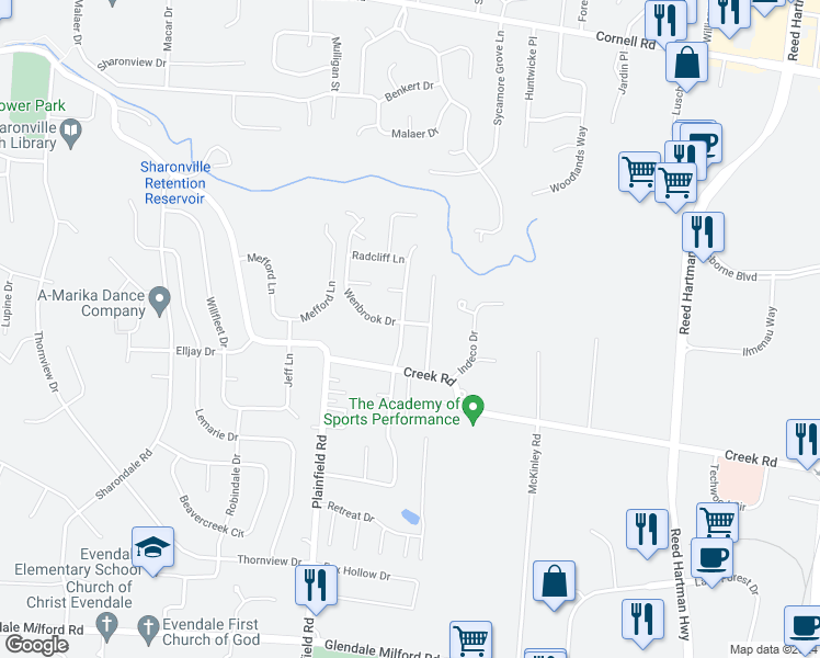 map of restaurants, bars, coffee shops, grocery stores, and more near 4191 Wenbrook Drive in Cincinnati