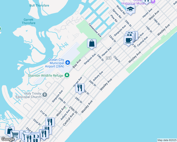 map of restaurants, bars, coffee shops, grocery stores, and more near 2513 Haven Avenue in Ocean City
