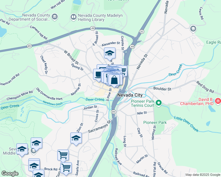 map of restaurants, bars, coffee shops, grocery stores, and more near 112 South Pine Street in Nevada City