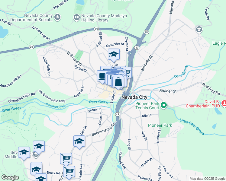 map of restaurants, bars, coffee shops, grocery stores, and more near 231 Broad Street in Nevada City