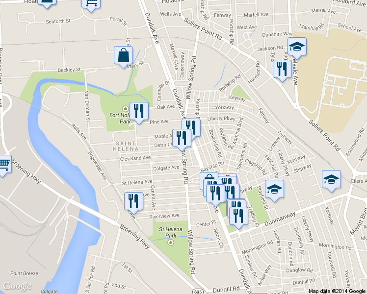 map of restaurants, bars, coffee shops, grocery stores, and more near 121 Willow Spring Road in Dundalk