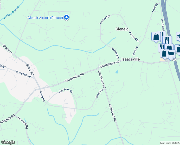 map of restaurants, bars, coffee shops, grocery stores, and more near 14021 Triadelphia Road in Glenelg