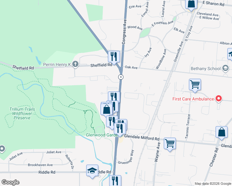 map of restaurants, bars, coffee shops, grocery stores, and more near in Woodlawn