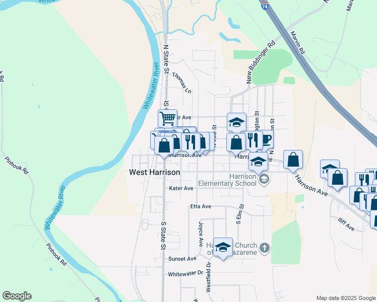 map of restaurants, bars, coffee shops, grocery stores, and more near 111 North Sycamore Street in Harrison