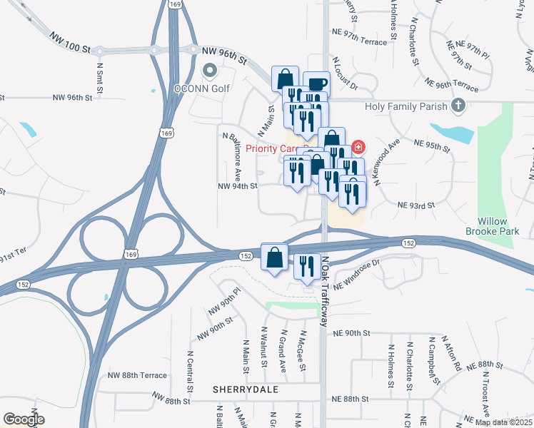 map of restaurants, bars, coffee shops, grocery stores, and more near 1 Northeast 93 Street in Kansas City