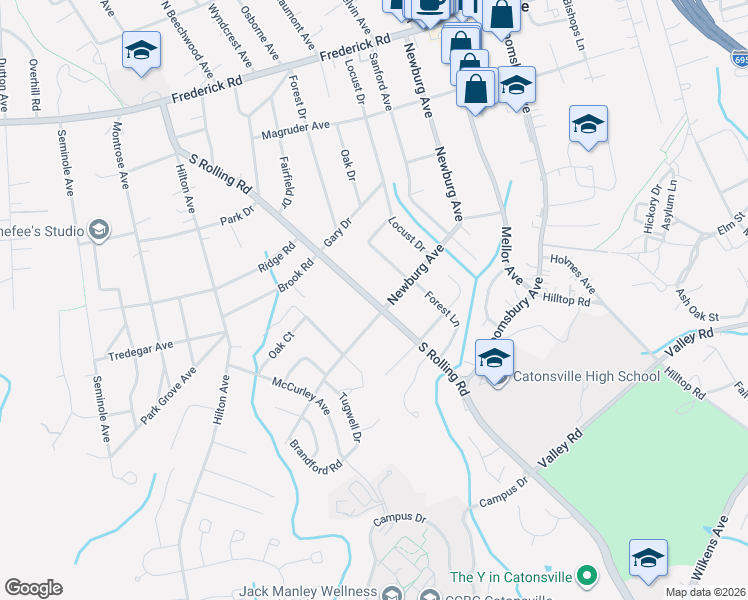 map of restaurants, bars, coffee shops, grocery stores, and more near 425 South Rolling Road in Catonsville