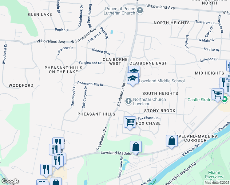 map of restaurants, bars, coffee shops, grocery stores, and more near 11067 South Lebanon Road in Loveland