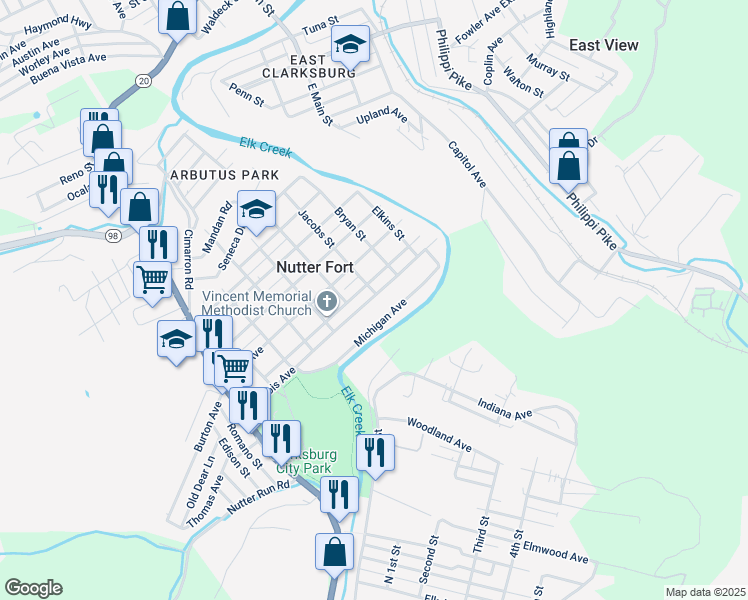 map of restaurants, bars, coffee shops, grocery stores, and more near 516 Illinois Ave in Nutter Fort