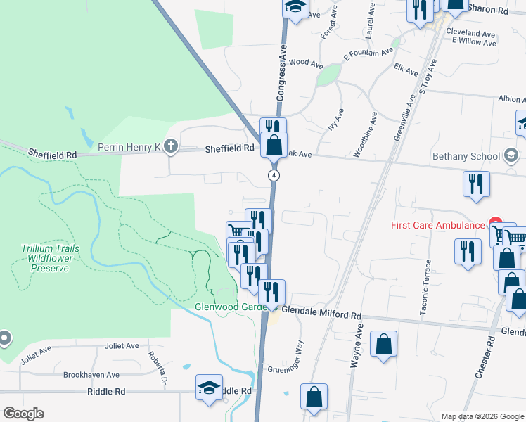 map of restaurants, bars, coffee shops, grocery stores, and more near in Woodlawn