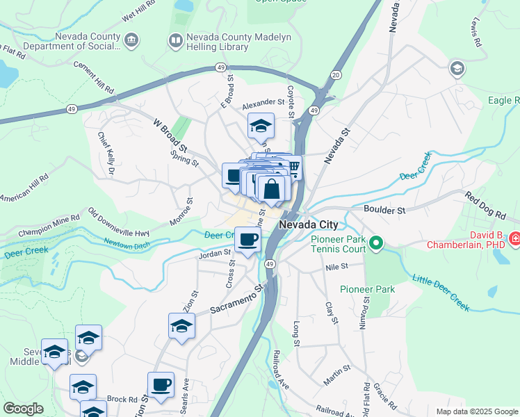 map of restaurants, bars, coffee shops, grocery stores, and more near 231 Broad Street in Nevada City
