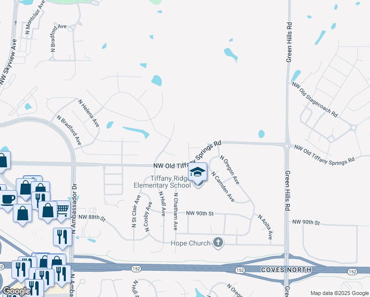map of restaurants, bars, coffee shops, grocery stores, and more near 5101 North Kirkwood Avenue in Kansas City