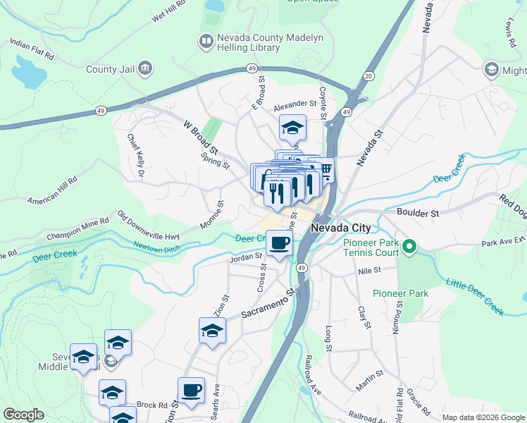 map of restaurants, bars, coffee shops, grocery stores, and more near 409 Spring Street in Nevada City