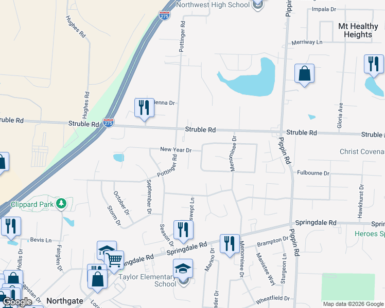 map of restaurants, bars, coffee shops, grocery stores, and more near 3113 Newyear Drive in Cincinnati
