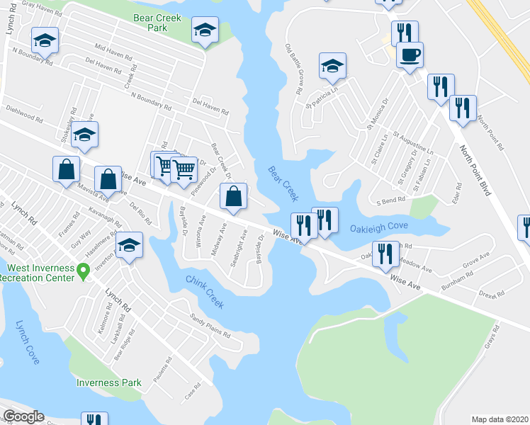 map of restaurants, bars, coffee shops, grocery stores, and more near 8343 Bear Creek Drive in Baltimore