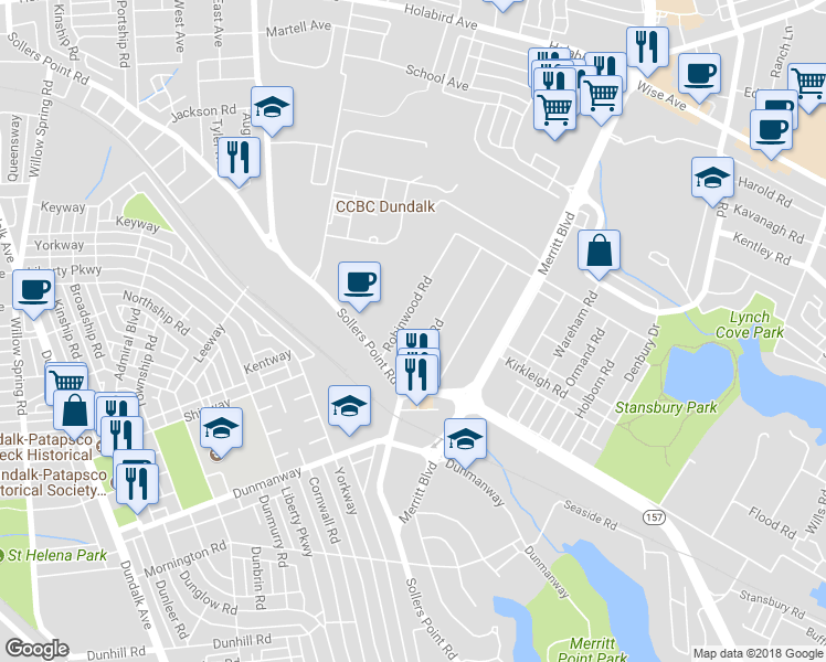 map of restaurants, bars, coffee shops, grocery stores, and more near 1935 Robinwood Road in Dundalk