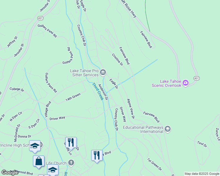 map of restaurants, bars, coffee shops, grocery stores, and more near 654 Country Club Drive in Incline Village