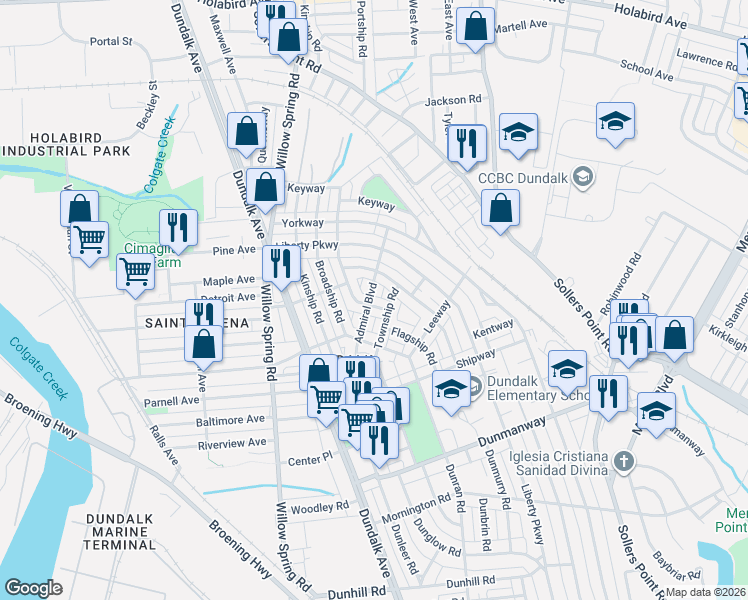 map of restaurants, bars, coffee shops, grocery stores, and more near 53 Admiral Boulevard in Dundalk