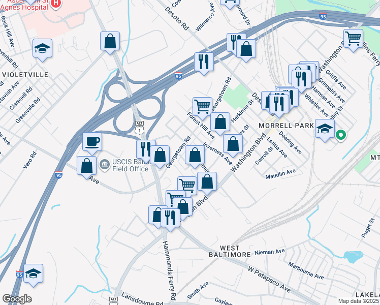 map of restaurants, bars, coffee shops, grocery stores, and more near 1610 Parkman Avenue in Baltimore