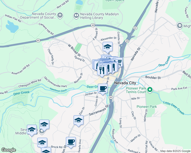 map of restaurants, bars, coffee shops, grocery stores, and more near 211 Mill Street in Nevada City