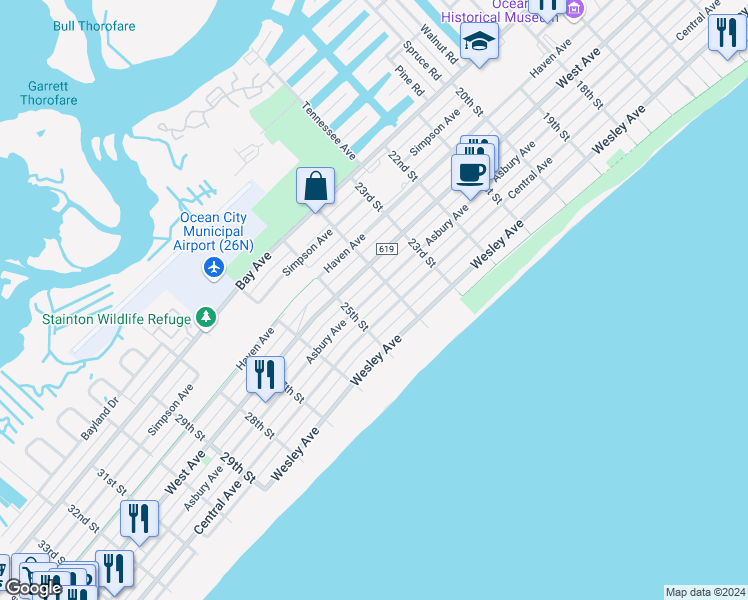map of restaurants, bars, coffee shops, grocery stores, and more near 2415 Asbury Avenue in Ocean City