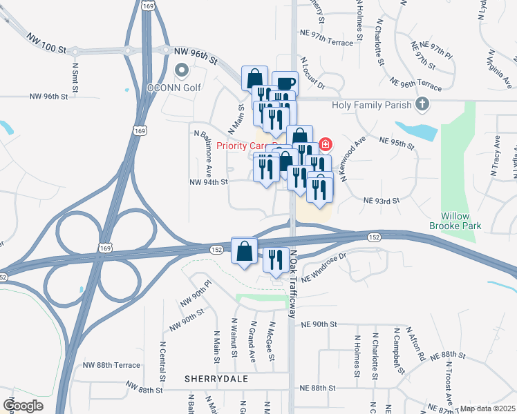 map of restaurants, bars, coffee shops, grocery stores, and more near 116 Northeast 93 Street in Kansas City