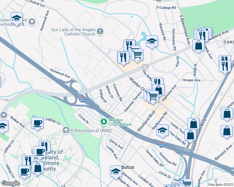 map of restaurants, bars, coffee shops, grocery stores, and more near 912 Courtney Road in Halethorpe