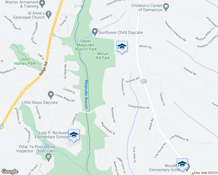 map of restaurants, bars, coffee shops, grocery stores, and more near 24808 Showbarn Circle in Damascus