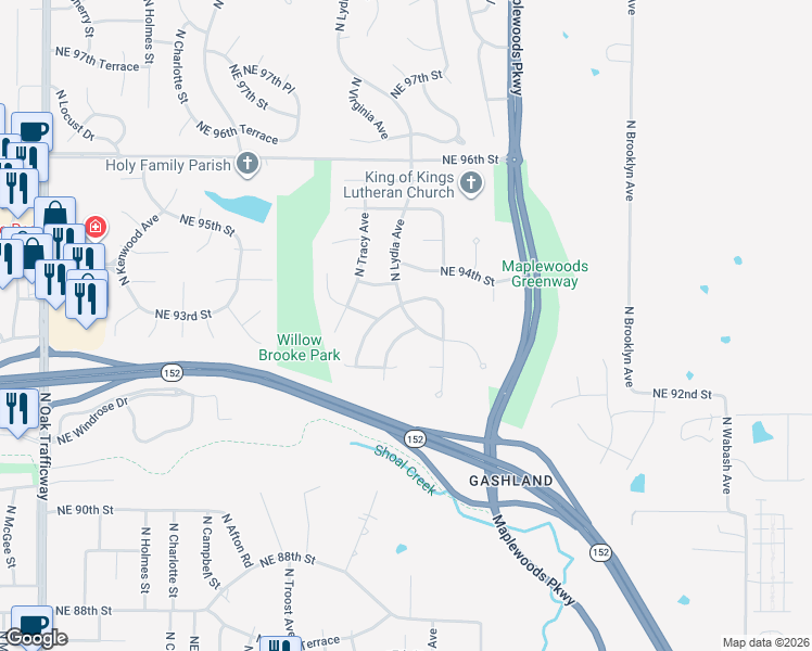 map of restaurants, bars, coffee shops, grocery stores, and more near 9230 North Lydia Avenue in Kansas City