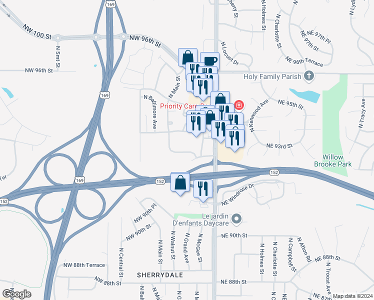 map of restaurants, bars, coffee shops, grocery stores, and more near 108 Northeast 93 Street in Kansas City