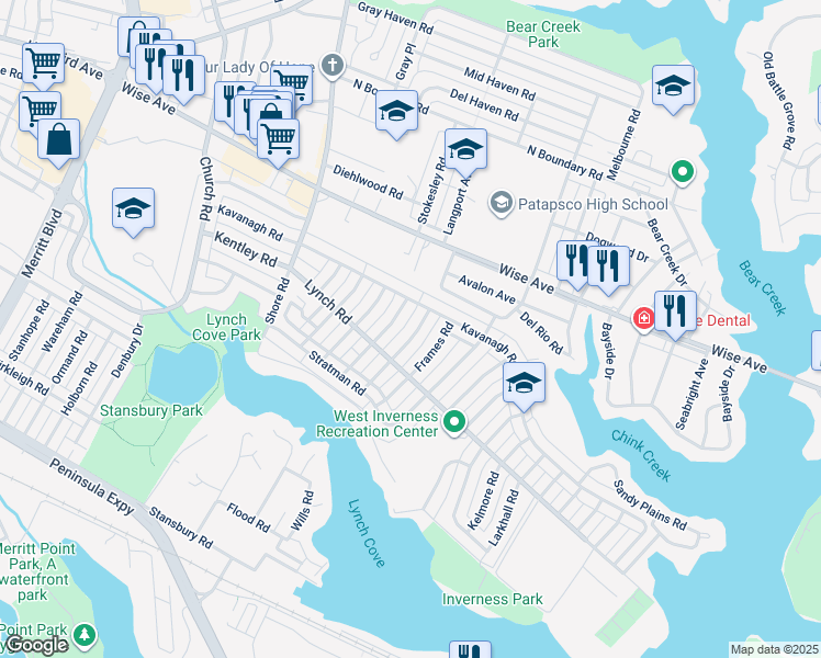 map of restaurants, bars, coffee shops, grocery stores, and more near 1924 Ewald Avenue in Dundalk
