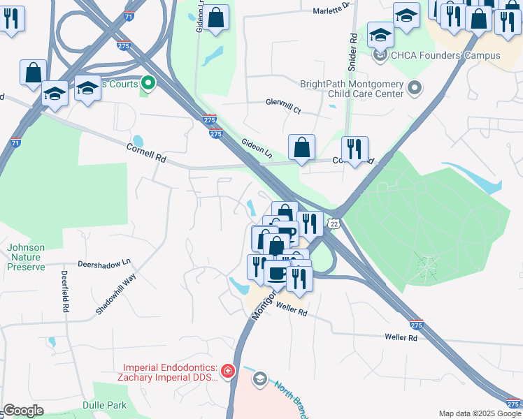 map of restaurants, bars, coffee shops, grocery stores, and more near 10869 Ponds Lane in Cincinnati