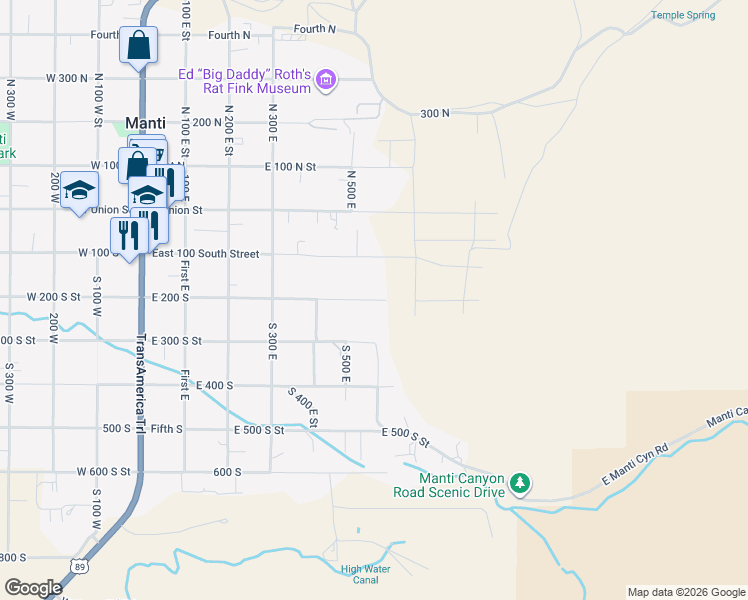 map of restaurants, bars, coffee shops, grocery stores, and more near 545 East 200 South in Manti