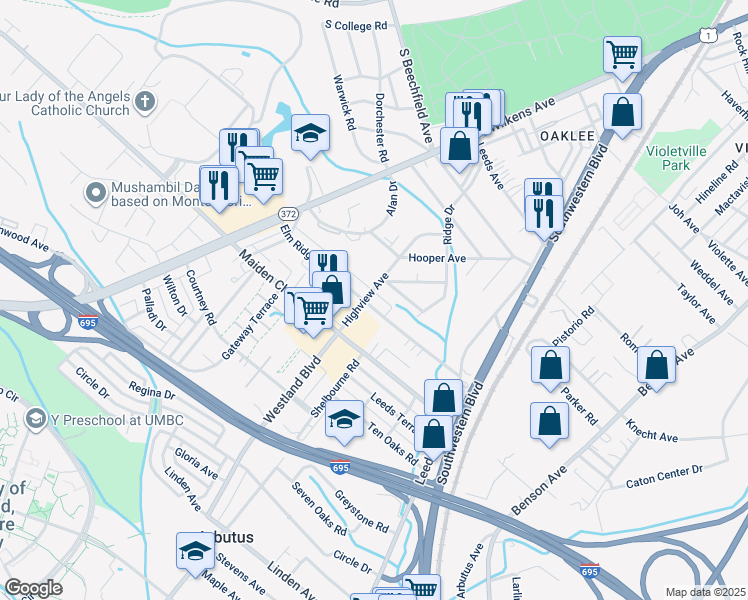 map of restaurants, bars, coffee shops, grocery stores, and more near 1103H Elm Ridge Avenue in Baltimore