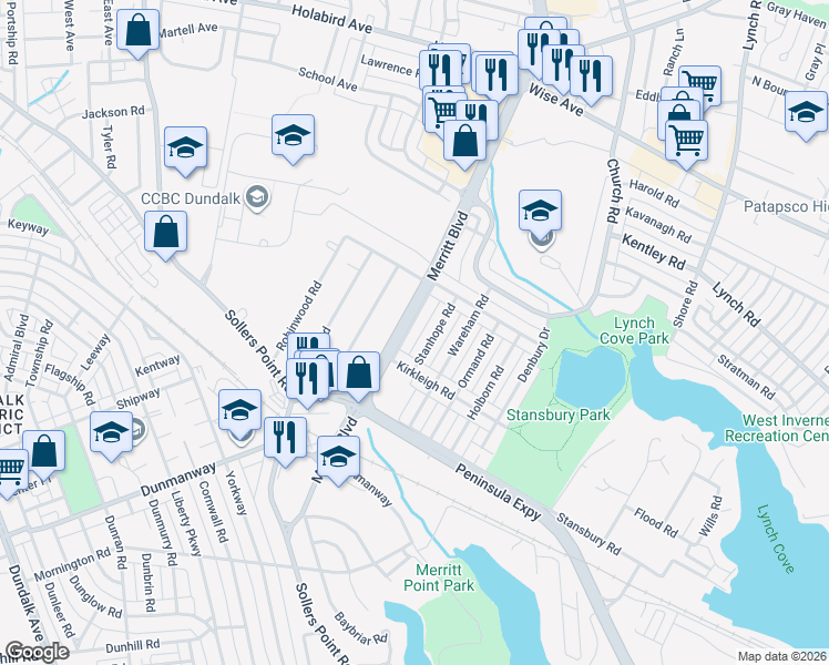 map of restaurants, bars, coffee shops, grocery stores, and more near 1939 Tilden Road in Dundalk