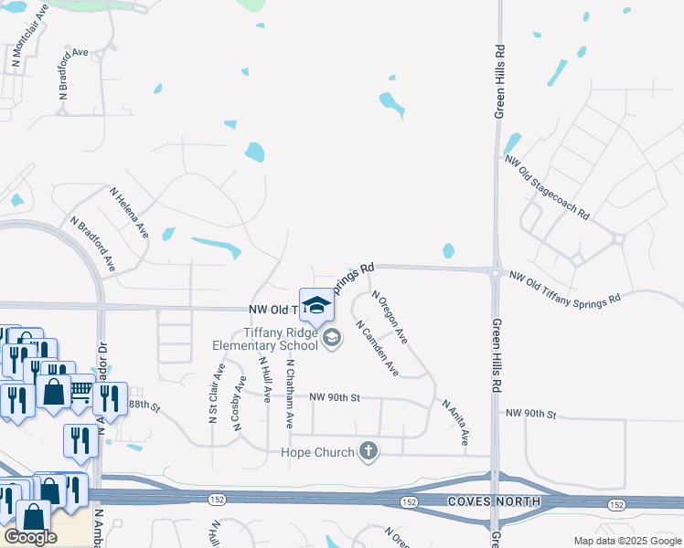 map of restaurants, bars, coffee shops, grocery stores, and more near 4800 Northwest 92nd Terrace in Kansas City
