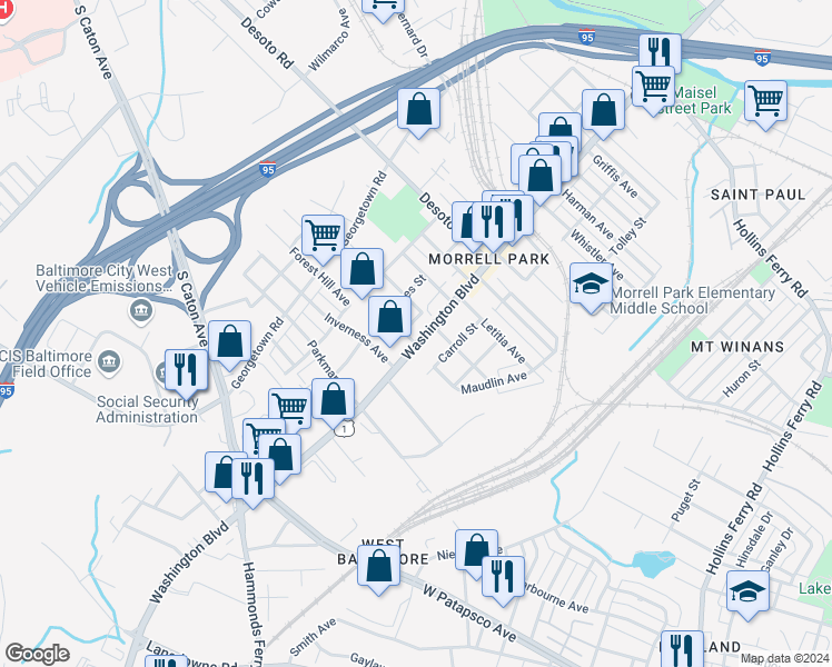 map of restaurants, bars, coffee shops, grocery stores, and more near 2834 Washington Boulevard in Baltimore