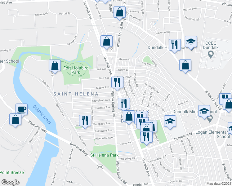 map of restaurants, bars, coffee shops, grocery stores, and more near 2222 Dundalk Avenue in Dundalk