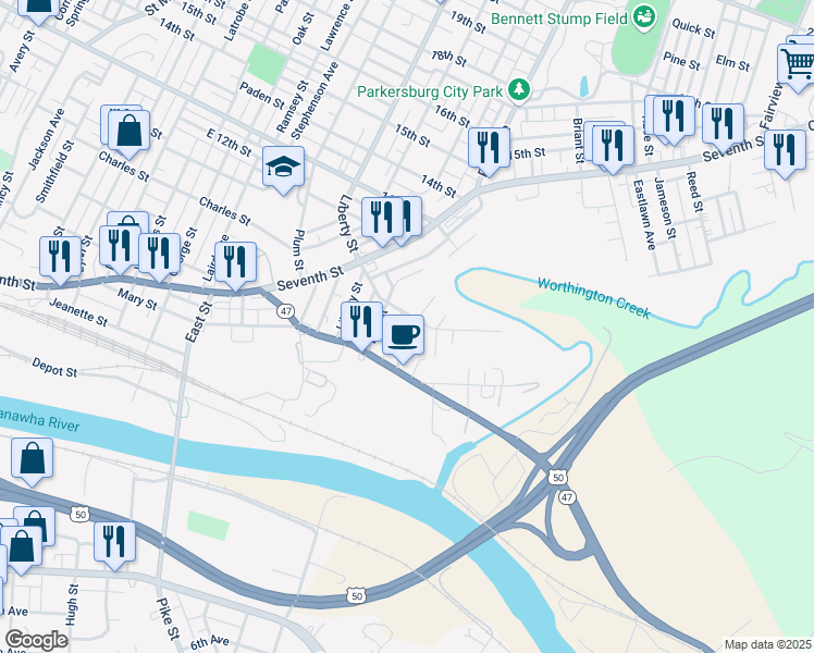 map of restaurants, bars, coffee shops, grocery stores, and more near 627 Lulu Street in Parkersburg