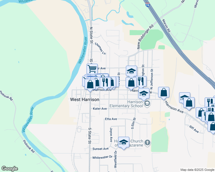 map of restaurants, bars, coffee shops, grocery stores, and more near 111 North Sycamore Street in Harrison