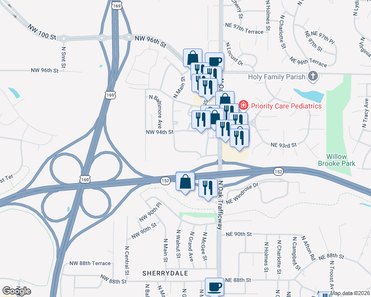 map of restaurants, bars, coffee shops, grocery stores, and more near 114 Northeast 93 Street in Kansas City