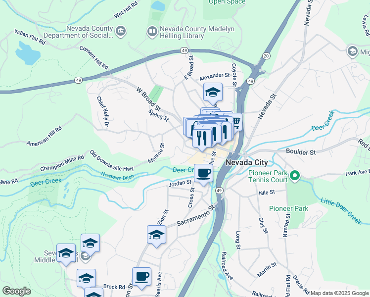 map of restaurants, bars, coffee shops, grocery stores, and more near 211 Mill St in Nevada City