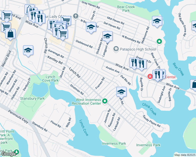 map of restaurants, bars, coffee shops, grocery stores, and more near 1915 Ewald Avenue in Dundalk